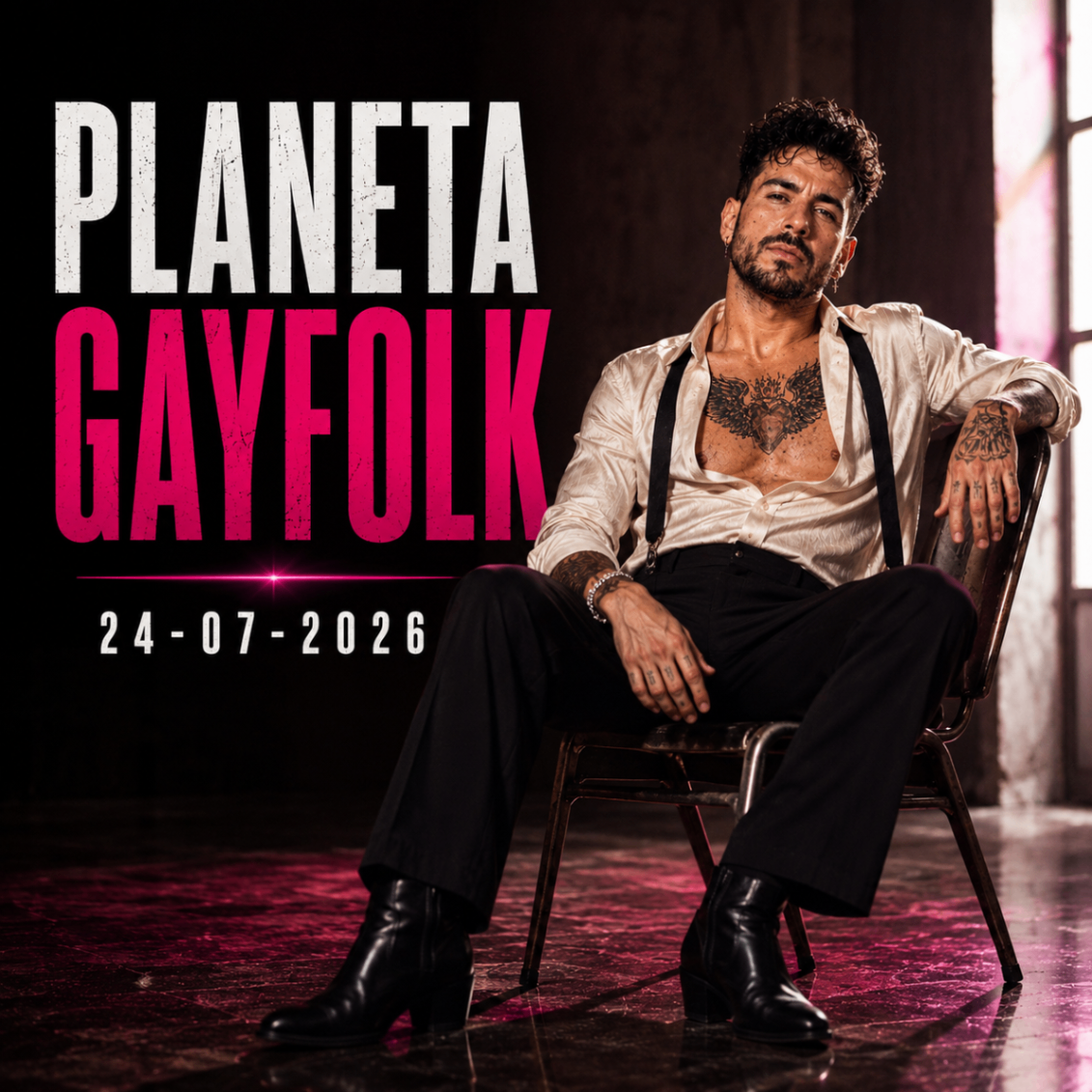 Mike Sain't Louis con camisa satinada blanca y tirantes negros sentado en una silla de madera en un almacén con luz rosa — cartel oficial PLANETA GAYFOLK 24.07.2026.