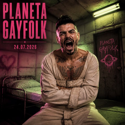 Mike Sain't Louis con camisa de fuerza en celda de manicomio con graffiti PLANETA GAYFOLK — cartel oficial 24.07.2026.