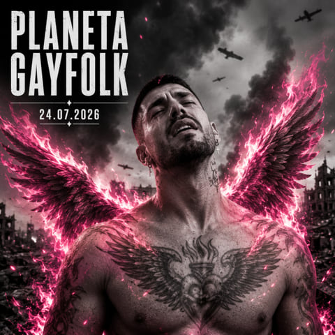 Mike Sain't Louis como ángel con alas de fuego rosa entre bombarderos — cartel PLANETA GAYFOLK 24.07.2026.