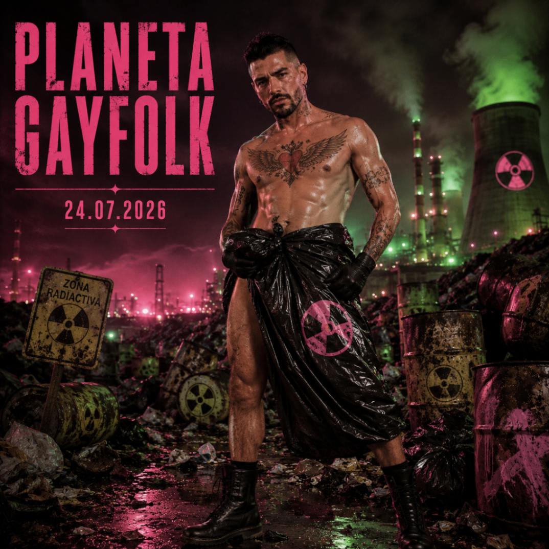 Mike Sain't Louis con bolsa negra radiactiva ante una refinería tóxica — cartel PLANETA GAYFOLK 24.07.2026.