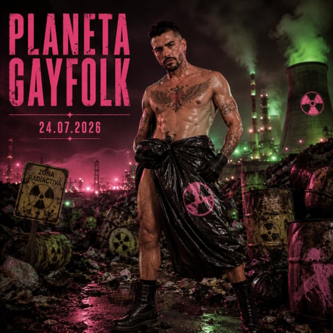 Mike Sain't Louis con bolsa negra radiactiva ante una refinería tóxica — cartel PLANETA GAYFOLK 24.07.2026.