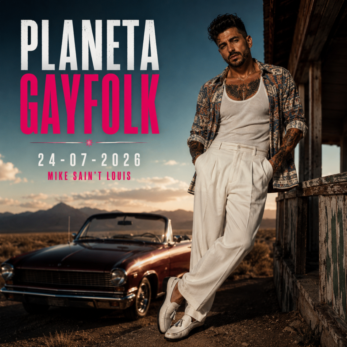 Mike Sain't Louis junto a un descapotable clásico en el desierto, con camisa estampada y pantalón blanco — cartel oficial PLANETA GAYFOLK 24.07.2026.