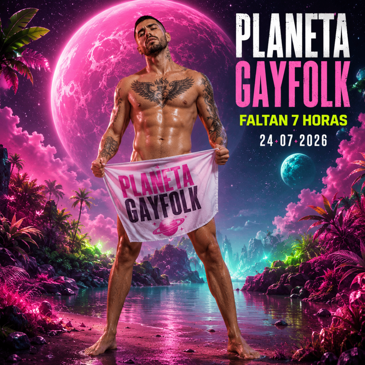Mike Sain't Louis desplegando la toalla PLANETA GAYFOLK bajo una luna rosa — cartel oficial 24.07.2026.