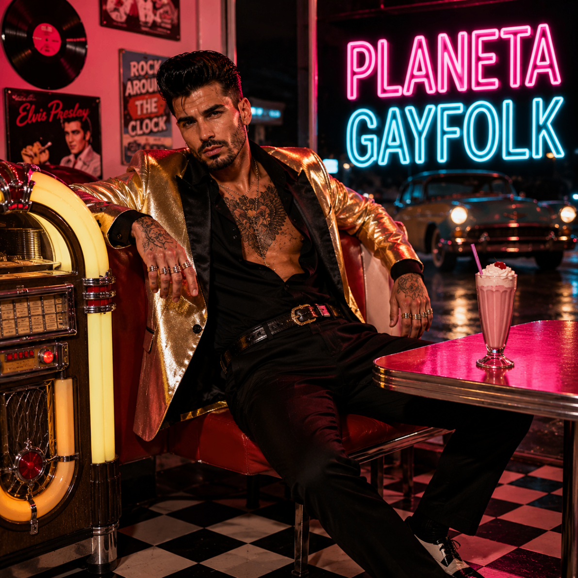 Mike Sain't Louis con americana dorada metalizada en un diner americano con jukebox y neón PLANETA GAYFOLK — cartel oficial 24.07.2026.