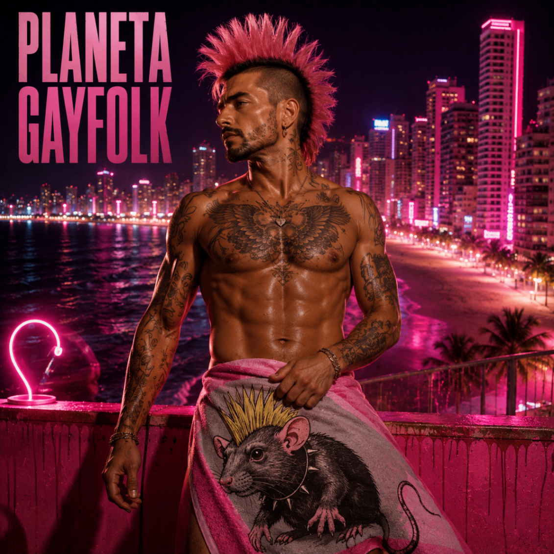 Mike Sain't Louis con cresta rosa y toalla de rata punk frente al skyline neón — cartel PLANETA GAYFOLK 24.07.2026.