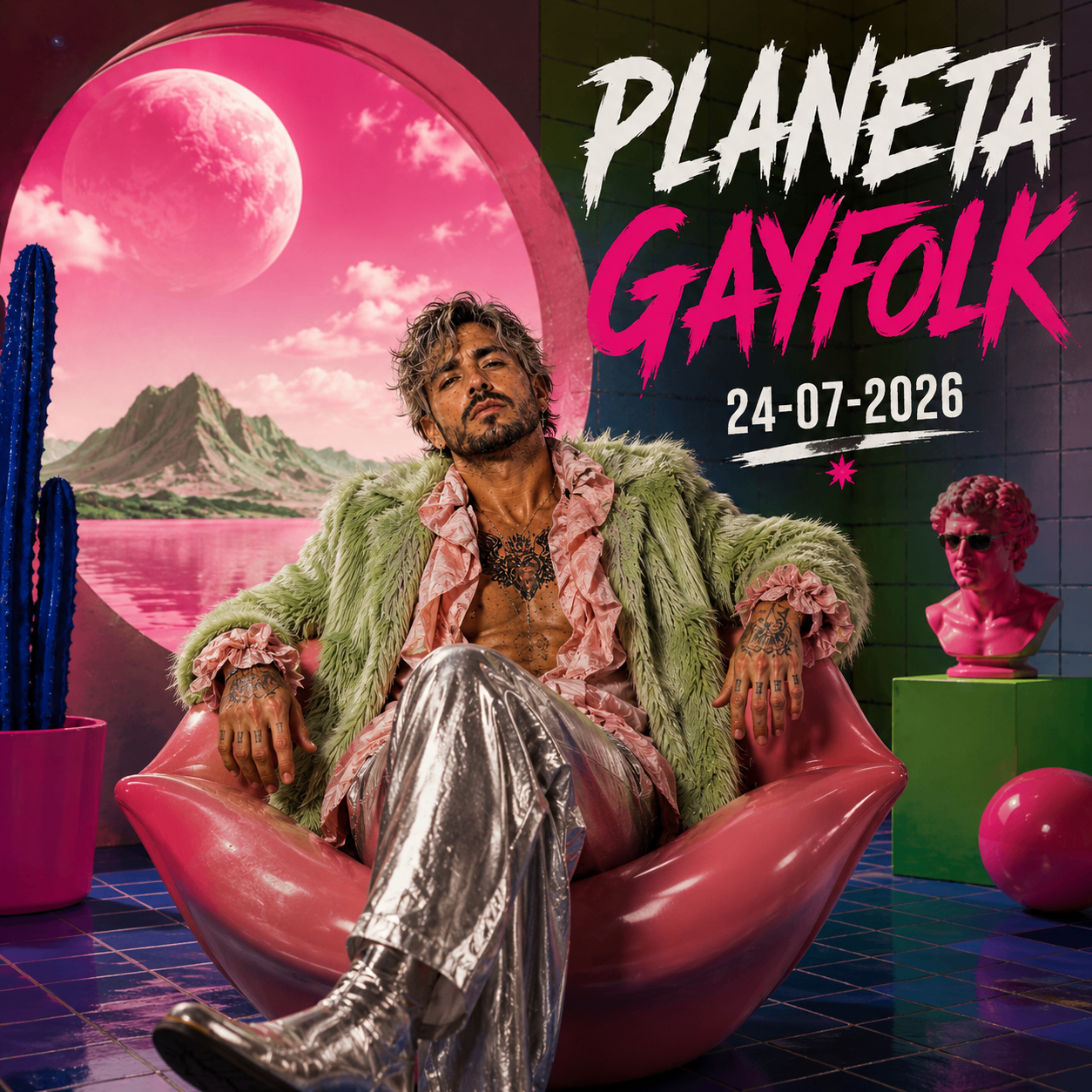 Mike Sain't Louis sentado en una butaca rosa con abrigo verde y pantalón metalizado ante un paisaje futurista fucsia — cartel oficial PLANETA GAYFOLK 24.07.2026.