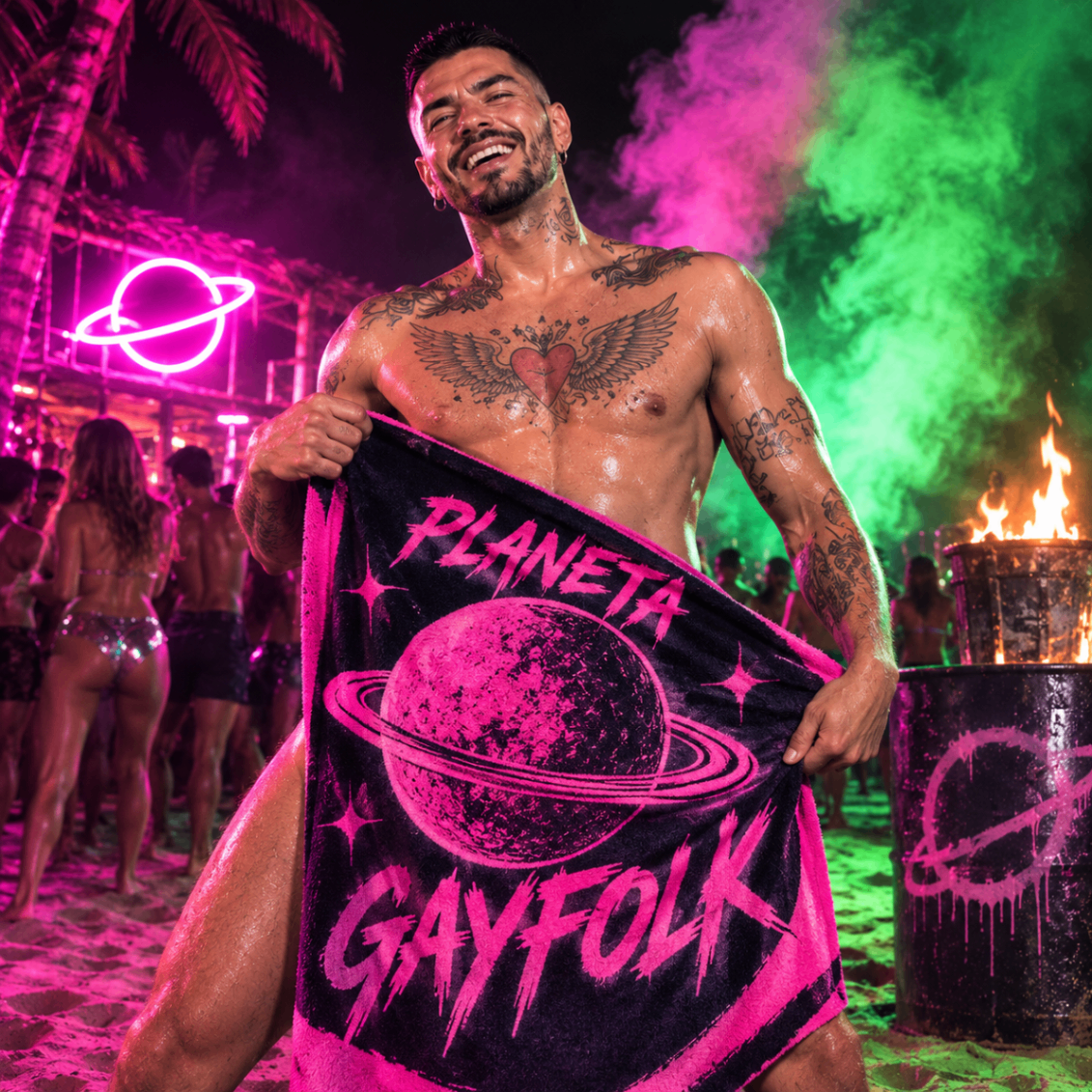 Mike Sain't Louis riendo con toalla PLANETA GAYFOLK en fiesta de humo rosa y verde — cartel 24.07.2026.