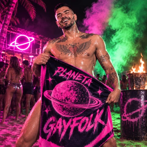 Mike Sain't Louis riendo con toalla PLANETA GAYFOLK en fiesta de humo rosa y verde — cartel 24.07.2026.