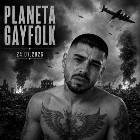 Retrato en blanco y negro de Mike Sain't Louis llorando entre ruinas — cartel PLANETA GAYFOLK 24.07.2026.