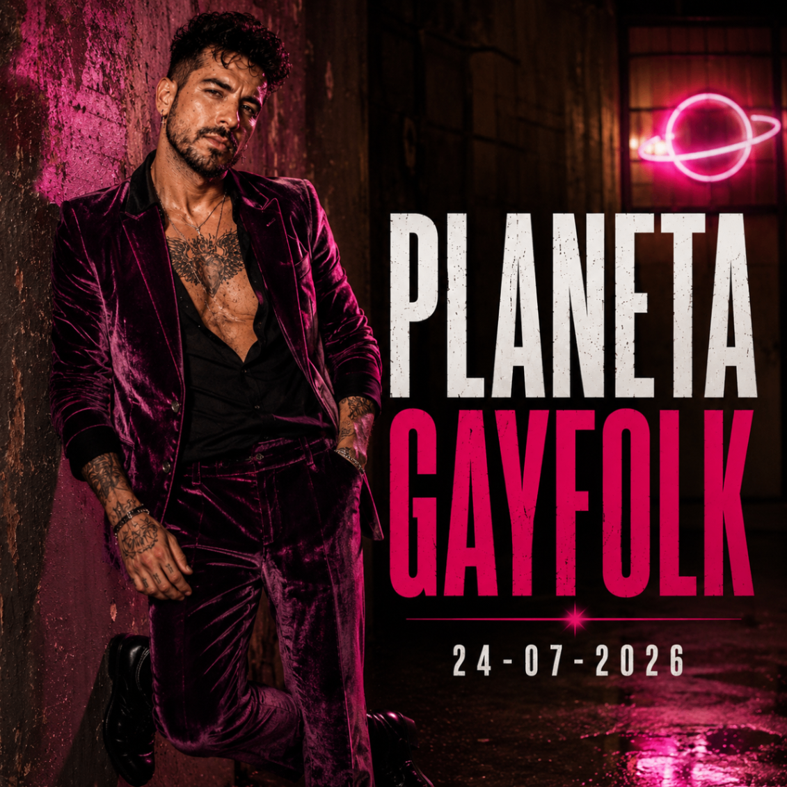 Mike Sain't Louis con traje de terciopelo púrpura bajo un neón planetario en un callejón húmedo — cartel oficial PLANETA GAYFOLK 24.07.2026.