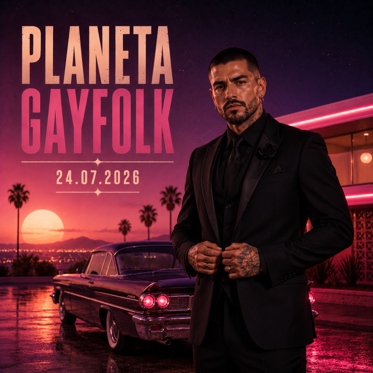 Mike Sain't Louis con traje negro junto a coche clásico y palmeras al atardecer — cartel PLANETA GAYFOLK 24.07.2026.