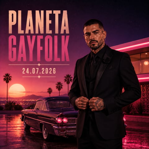 Mike Sain't Louis con traje negro junto a coche clásico y palmeras al atardecer — cartel PLANETA GAYFOLK 24.07.2026.