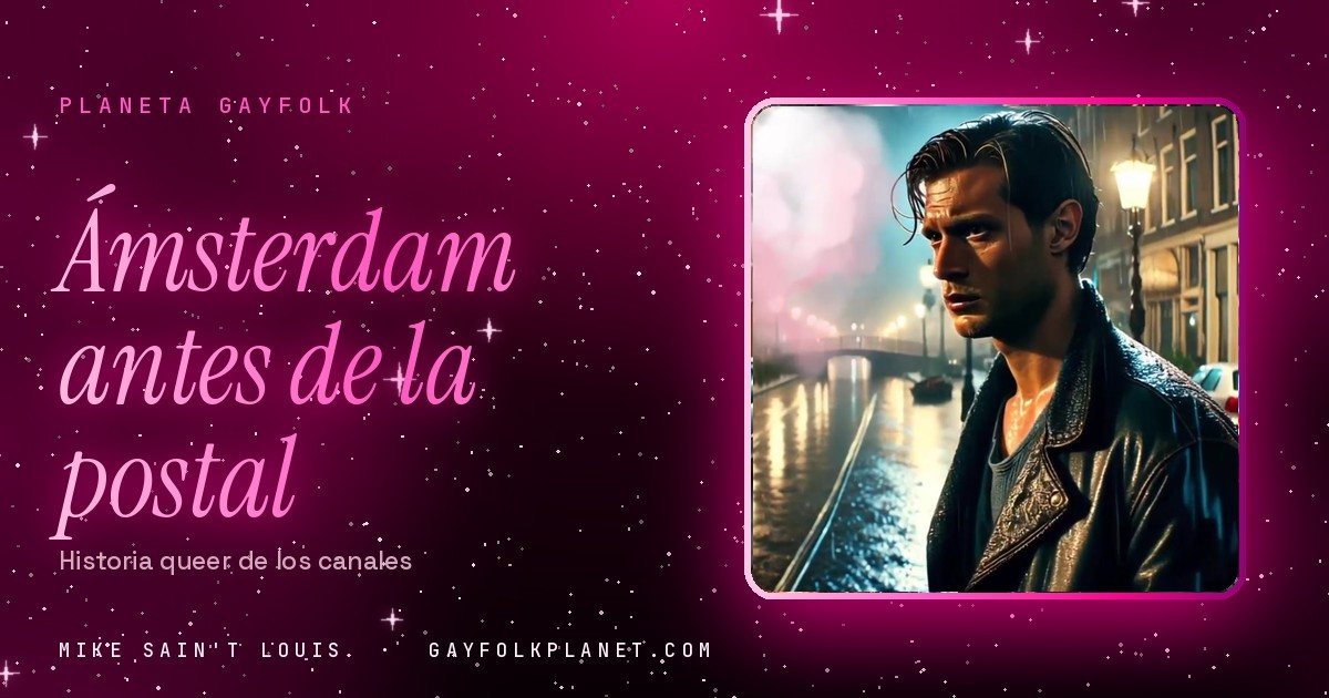 Fotograma del videoclip de «Amsterdam», de Mike Sain't Louis, con un chico de chaqueta de cuero en una calle mojada junto a un canal y una nube rosa, en la portada de «Ámsterdam antes de la postal»
