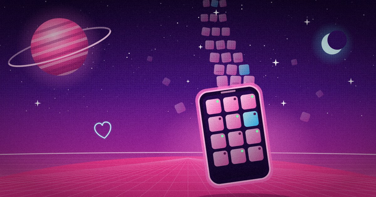 Ilustración: un móvil de borde rosa neón, con la pantalla llena de cuadraditos de perfiles, se alza inclinado sobre un planeta fucsia con rejilla de neón; de él sube hacia el cielo violeta una columna interminable de cuadraditos que se hacen pequeños y se pierden entre las estrellas, mientras otros caen a la deriva. Al fondo, un planeta rosa con anillo, una luna creciente y un corazón de neón cian.