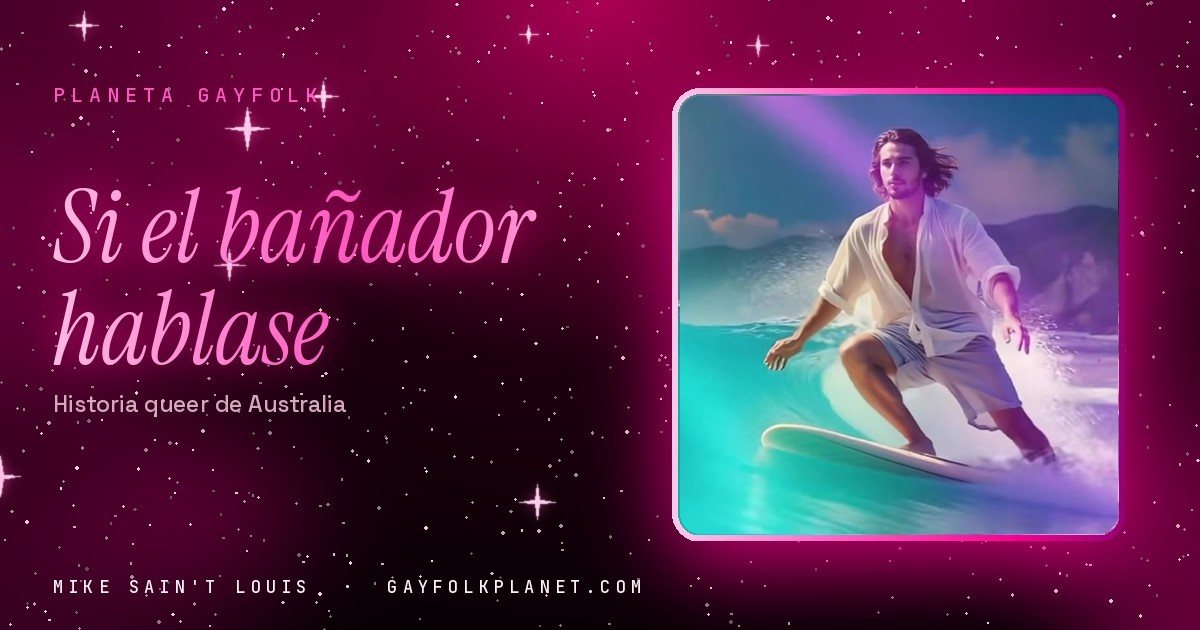 Fotograma del videoclip de «Ride the Wave», de Mike Sain't Louis: un chico de pelo largo con camisa blanca surfea una ola turquesa de noche bajo una luna llena, en la portada de «Si el bañador hablase»