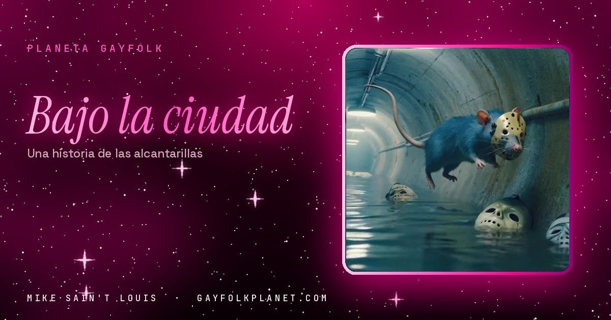 Fotograma del videoclip de «La alcantarilla»: un túnel de alcantarilla iluminado, con agua en el suelo, una rata y máscaras blancas flotando