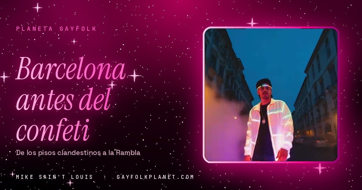Fotograma del videoclip de «Barcelona», de Mike Sain't Louis, con un chico de chaqueta luminosa y gafas de neón en una calle antigua al anochecer entre humo rosa, en la portada de «Barcelona antes del confeti»