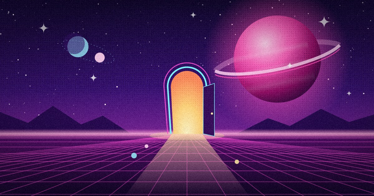 Ilustración: una puerta en arco iluminada con luz cálida y entreabierta en el horizonte de una llanura de neón con cuadrícula rosa, bajo un cielo violeta estrellado con un gran planeta fucsia con anillos y dos pequeñas lunas en órbita