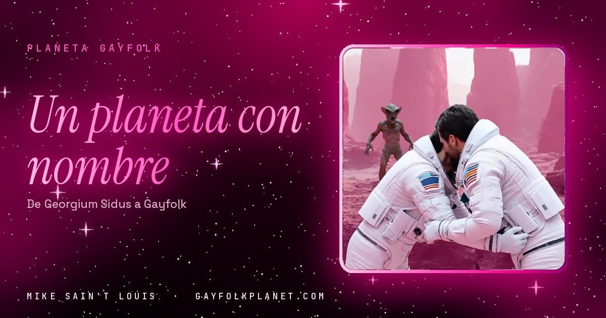 Fotograma del videoclip de «Ojalá se pudiera viajar a Gayfolk»: dos astronautas con traje blanco se abrazan sobre la superficie rosa de un planeta mientras varias figuras extraterrestres los observan