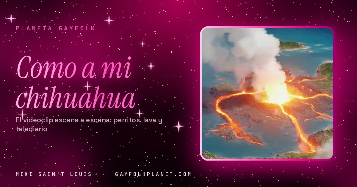 Fotograma de «Como a mi chihuahua»: vista aérea de una isla verde en mitad del mar azul, partida por ríos de lava naranja que bajan desde un cráter cubierto por una nube blanca