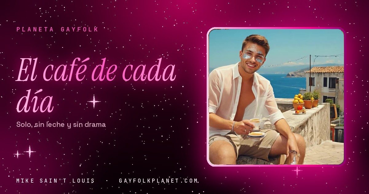 Fotograma del videoclip de «Marica chill», de Mike Sain't Louis, con un chico sonriente con purpurina en la cara y camisa blanca abierta que sostiene una taza de café en una terraza frente al mar, en la portada de «El café de cada día»