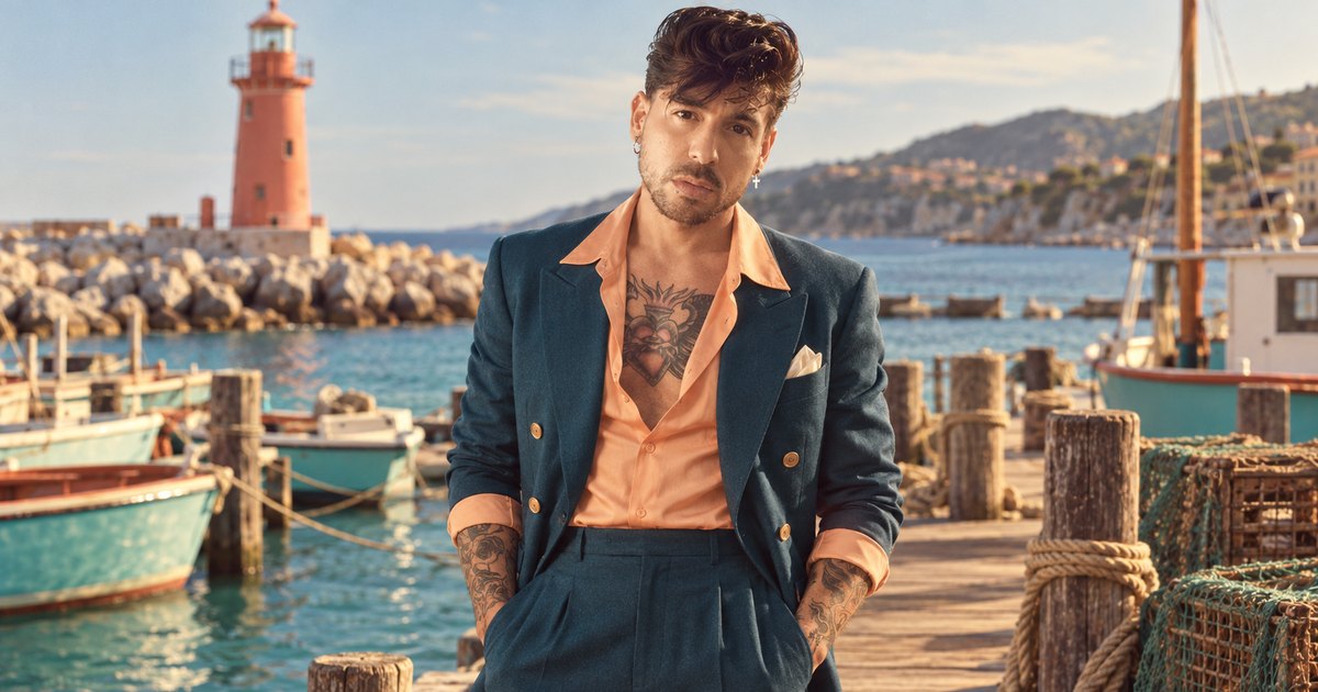 Mike Sain't Louis con traje azul petróleo y camisa salmón en un puerto con barcas y un faro rojo