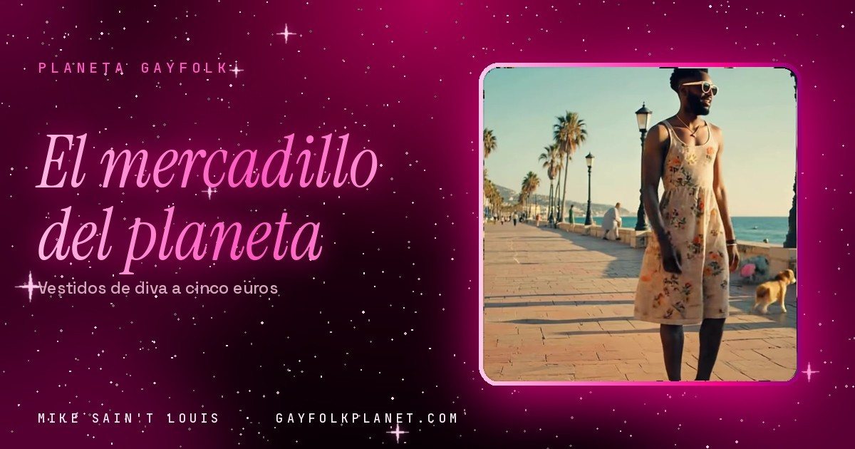 Fotograma del videoclip de «Marica chill», de Mike Sain't Louis, con una persona con vestido de flores paseando por un paseo marítimo, en la portada de «El mercadillo del planeta»