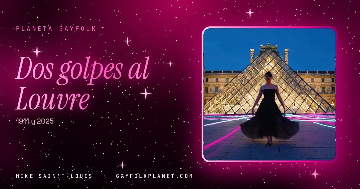 Fotograma del videoclip de «Louvre»: una figura con vestido negro de vuelo gira de noche delante de la pirámide de cristal del Louvre iluminada