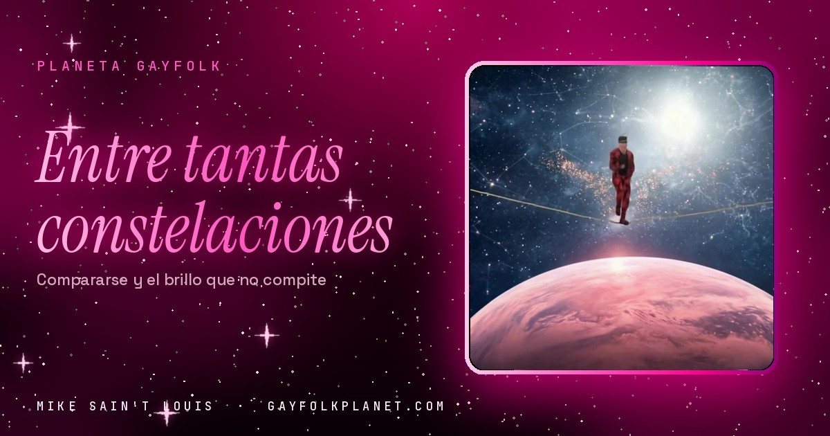 Fotograma del videoclip de «Punto muerto», de Mike Sain't Louis: una figura diminuta con traje rojo camina por una cuerda floja en mitad del espacio, sobre un planeta rosa