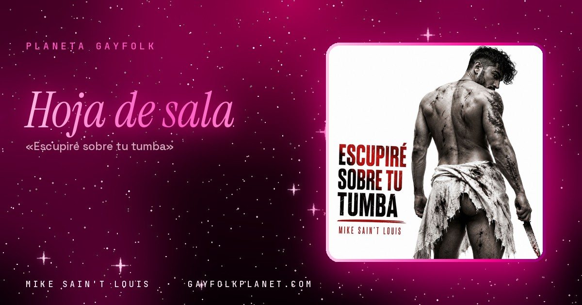 Portada de «Escupiré sobre tu tumba», canción de Mike Sain't Louis: un hombre de espaldas sobre fondo blanco, con la espalda arañada, un brazo tatuado, un trapo blanco roto en la cintura y un machete manchado de rojo en la mano
