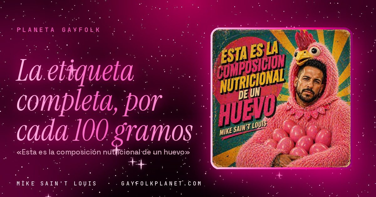 Portada de «Esta es la composición nutricional de un huevo», canción de Mike Sain't Louis: un hombre con barba y gesto serio, metido en un disfraz peludo de gallina rosa con cresta roja, pico amarillo y ojos de peluche, abraza una montaña de huevos rosas delante de un fondo de rayos retro verdes, amarillos y rojos