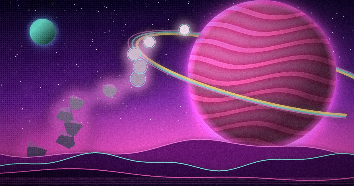 Ilustración: un planeta rosa con anillo bajo un cielo violeta estrellado; desde unas colinas con bordes de neón, piedras grises suben flotando y se convierten en esferas de luz rosa, junto a una pequeña luna verde menta