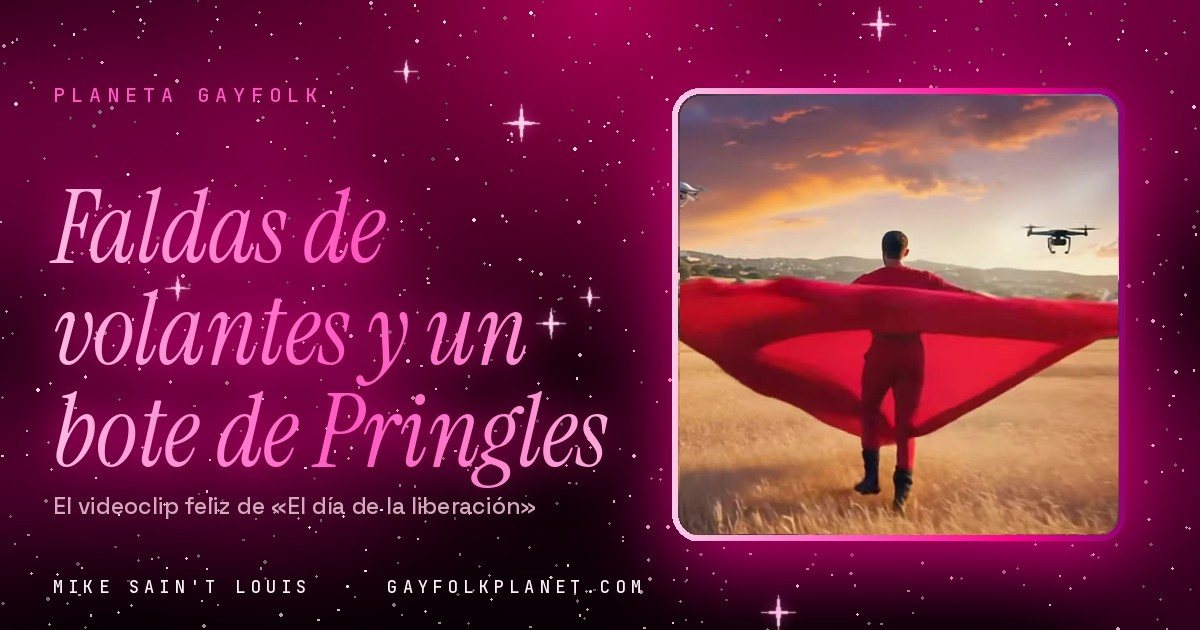 Fotograma del videoclip de «El día de la liberación»: un hombre de espaldas en un trigal al atardecer abre una gran capa roja mientras vuelan drones