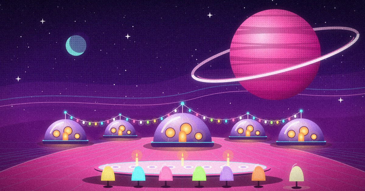 Ilustración: un planeta rosa anillado y una aurora de neón sobre un cielo violeta; abajo, cinco cúpulas iluminadas unidas por guirnaldas de bombillas y, en primer plano, una mesa larga con velas y sillas de colores, con una silla de más esperando bajo una luz cálida