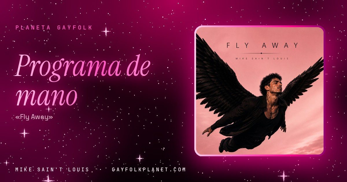 Portada de «Fly Away», canción de Mike Sain't Louis: un chico vestido de negro, con tatuajes en el cuello y el pelo rizado al viento, atraviesa un cielo rosa empolvado con unas enormes alas negras abiertas y los ojos cerrados; el título va arriba en letra fina y espaciada