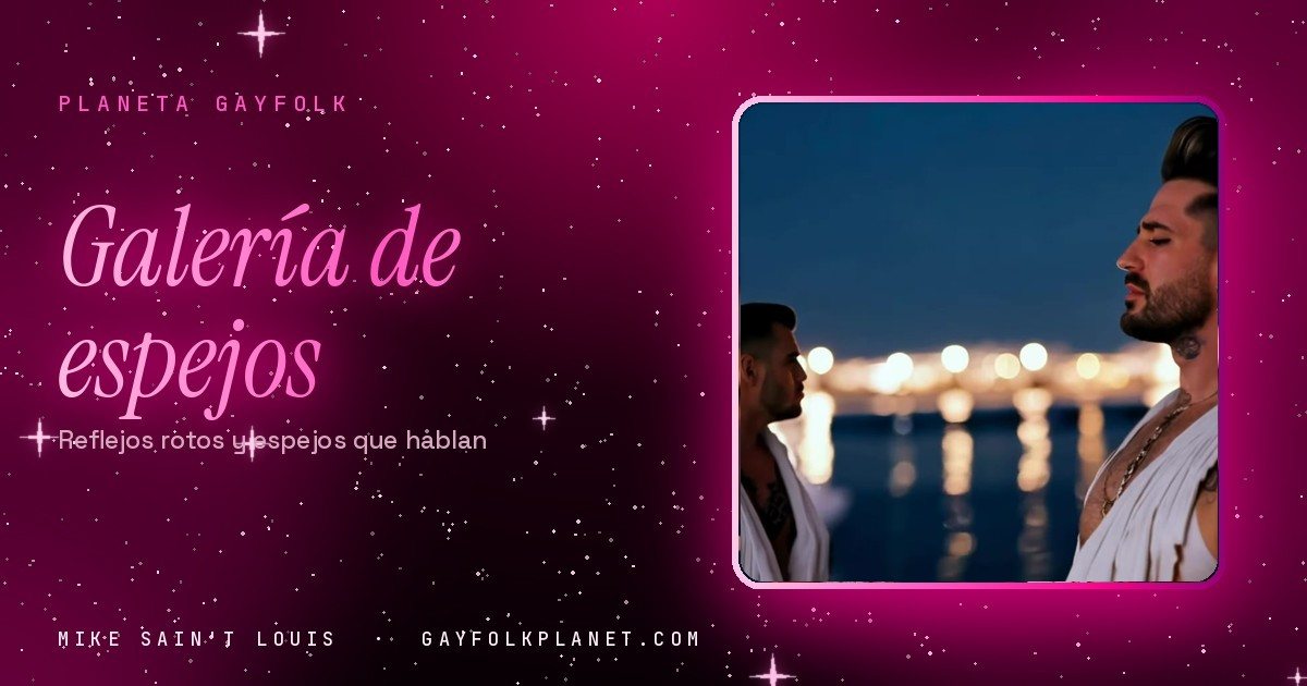 Fotograma del videoclip de «El espejo de enfrente»: Mike Sain't Louis junto a un espejo en la orilla del mar, en la portada de «Galería de espejos del Planeta Gayfolk»
