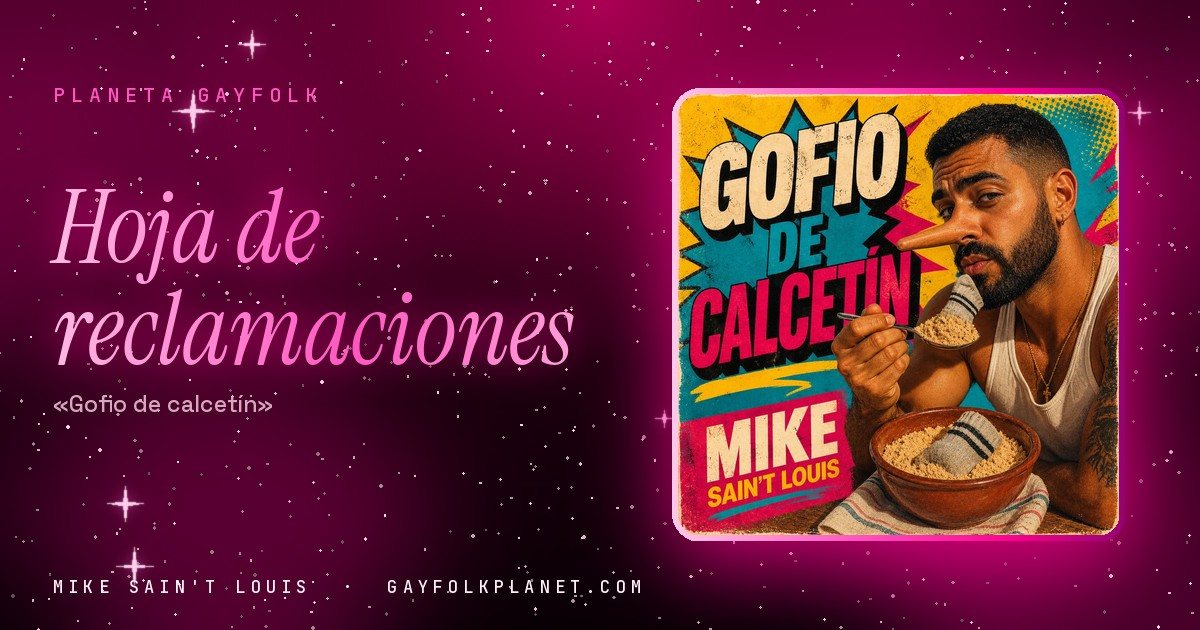 Portada de «Gofio de calcetín», canción de Mike Sain't Louis: un hombre con barba, camiseta blanca de tirantes y una nariz larguísima de Pinocho se lleva a la boca una cuchara de gofio, con un cuenco de barro lleno de gofio y un calcetín dentro, sobre un fondo de cómic amarillo, turquesa y fucsia