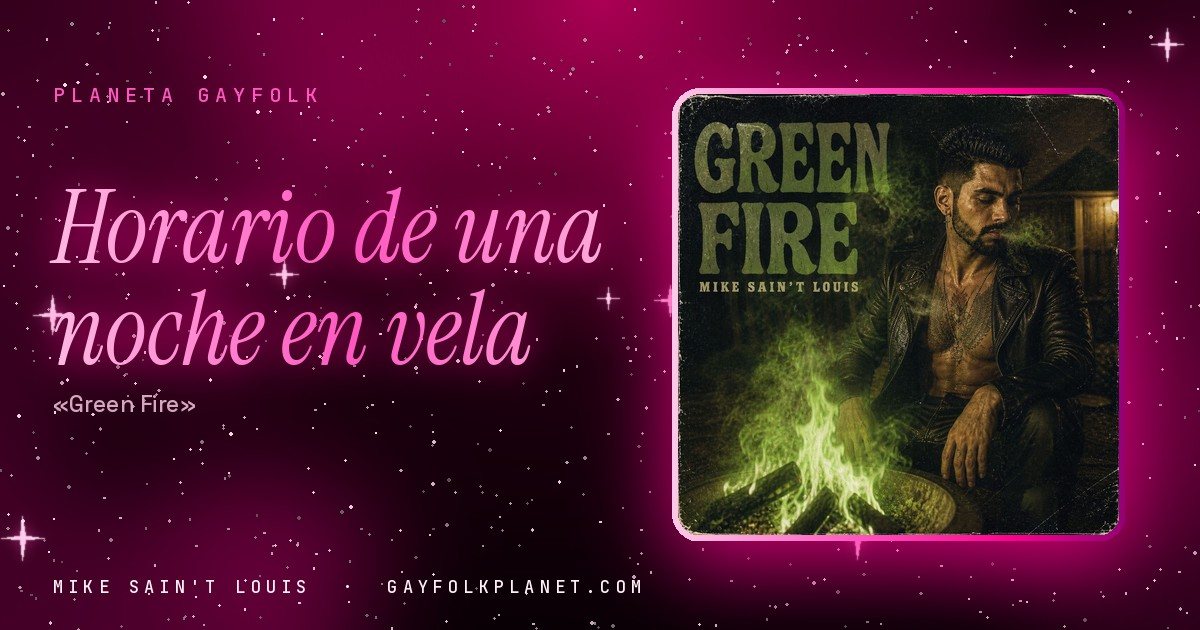 Portada de «Green Fire», canción de Mike Sain't Louis: de noche, junto a una hoguera de llamas verdes y delante de una cabaña con una luz encendida, un chico con chaqueta de cuero negra y el pecho descubierto suelta una bocanada de humo con los ojos entrecerrados