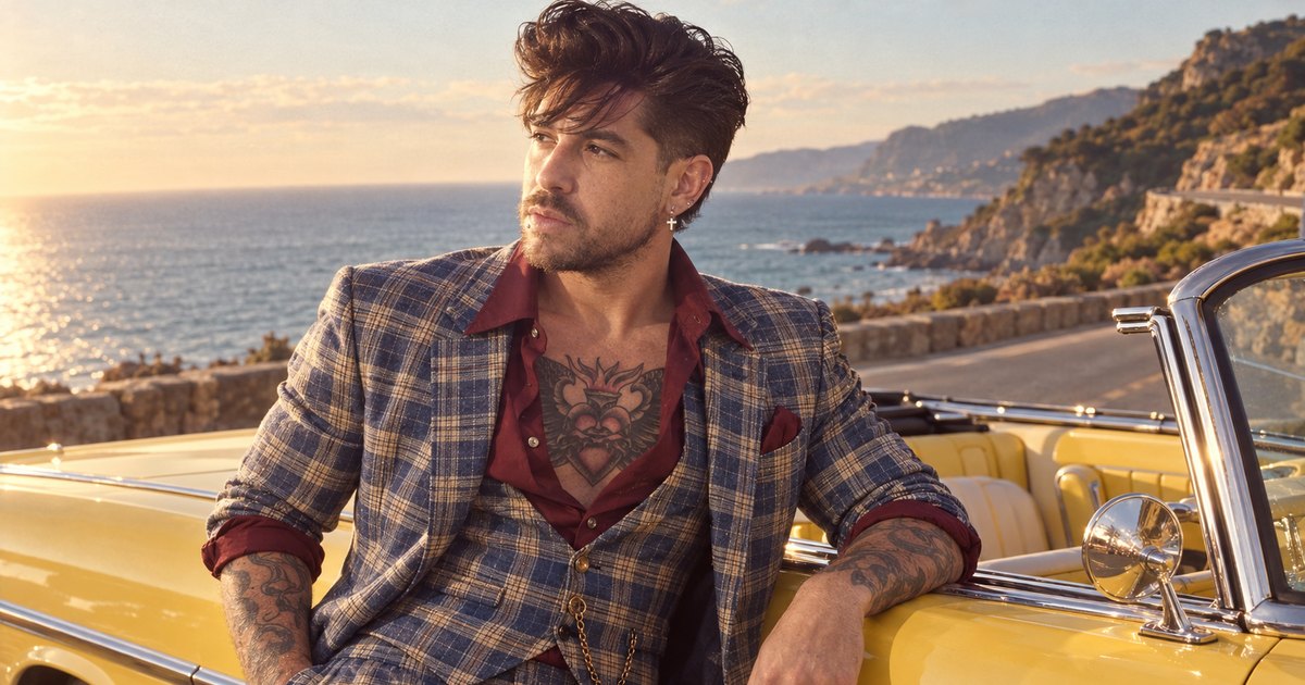 Mike Sain't Louis con americana de cuadros apoyado en un descapotable amarillo junto a la costa