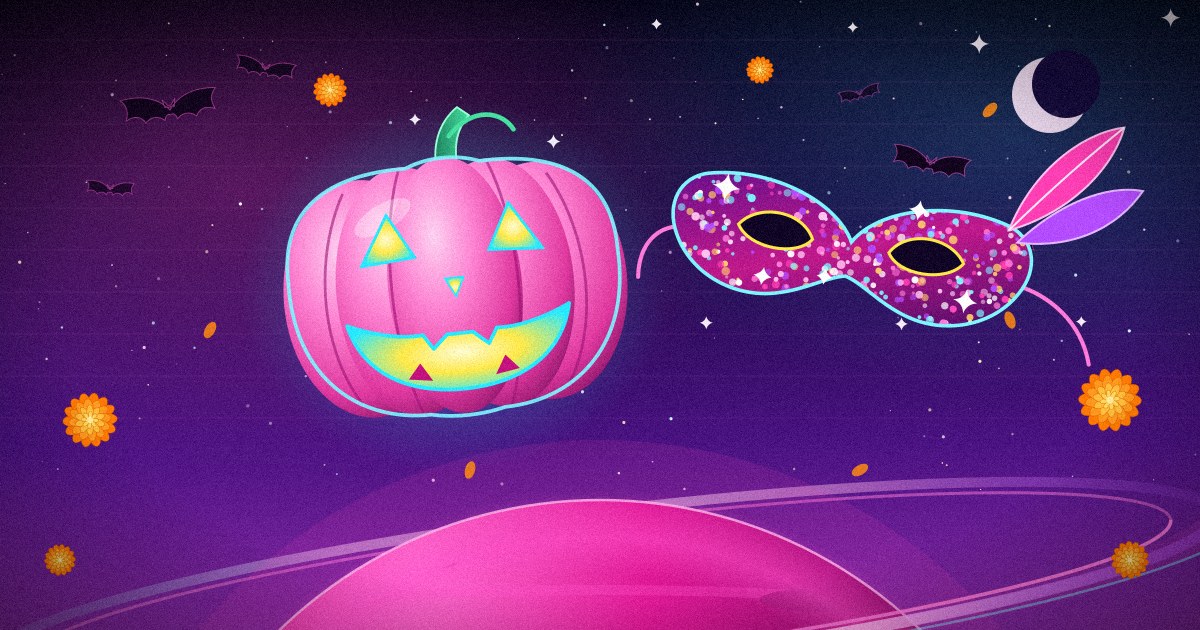 Ilustración: una calabaza rosa con sonrisa de neón y un antifaz de lentejuelas flotan sobre un planeta fucsia con anillos, bajo un cielo violeta con murciélagos y estrellas