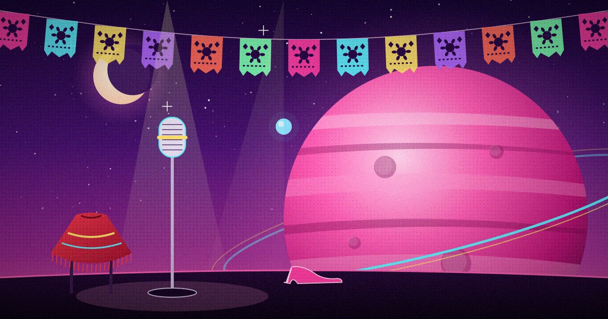 Ilustración: un escenario nocturno bajo un cielo violeta con un gran planeta rosa con anillo de neón, una guirnalda de papel picado de colores, una luna creciente, un micrófono antiguo bajo un foco, un poncho rojo con flecos sobre un taburete y un zapato de tacón rosa en el suelo del escenario