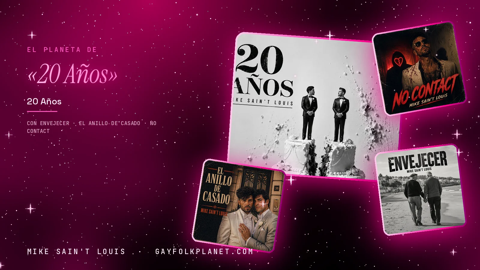 Collage con un detalle de la carátula de «20 Años» y las carátulas de «Envejecer», «El anillo de casado», «No contact»