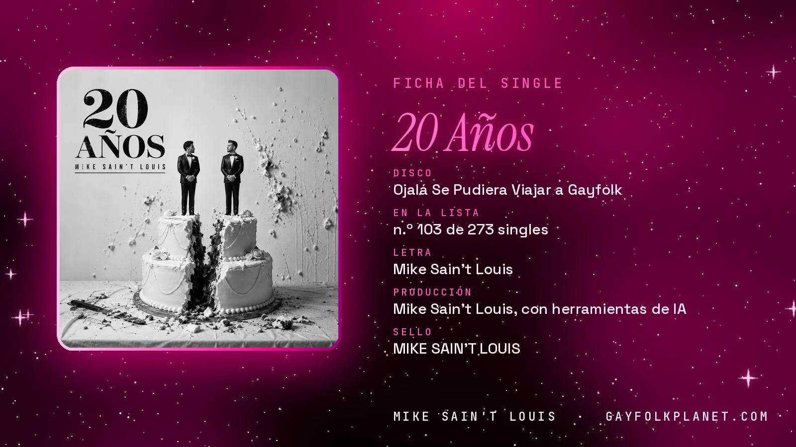 Ficha de la canción «20 Años» con su carátula: disco «Ojalá Se Pudiera Viajar a Gayfolk», letra y producción de Mike Sain't Louis