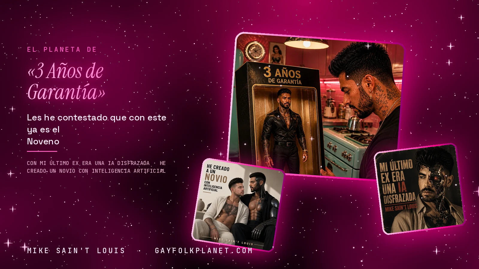 Collage con un detalle de la carátula de «3 Años de Garantía» y las carátulas de «Mi último ex era una IA disfrazada», «He creado un novio con inteligencia artificial»