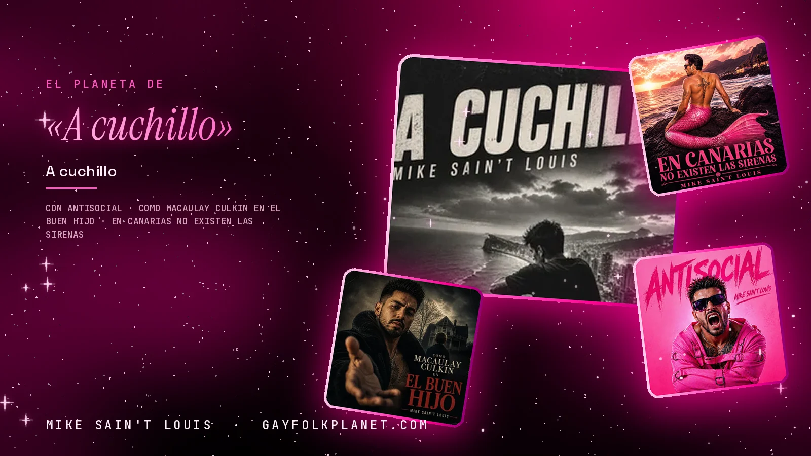 Collage con un detalle de la carátula de «A cuchillo» y las carátulas de «Antisocial», «Como Macaulay Culkin en El buen hijo», «En Canarias no existen las sirenas»
