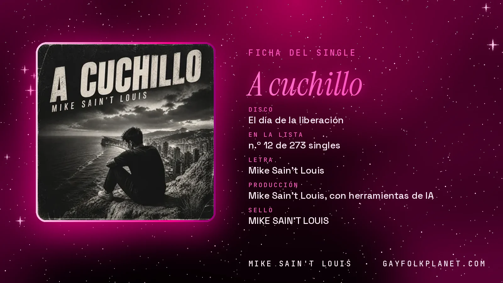 Ficha de la canción «A cuchillo» con su carátula: disco «El día de la liberación», letra y producción de Mike Sain't Louis
