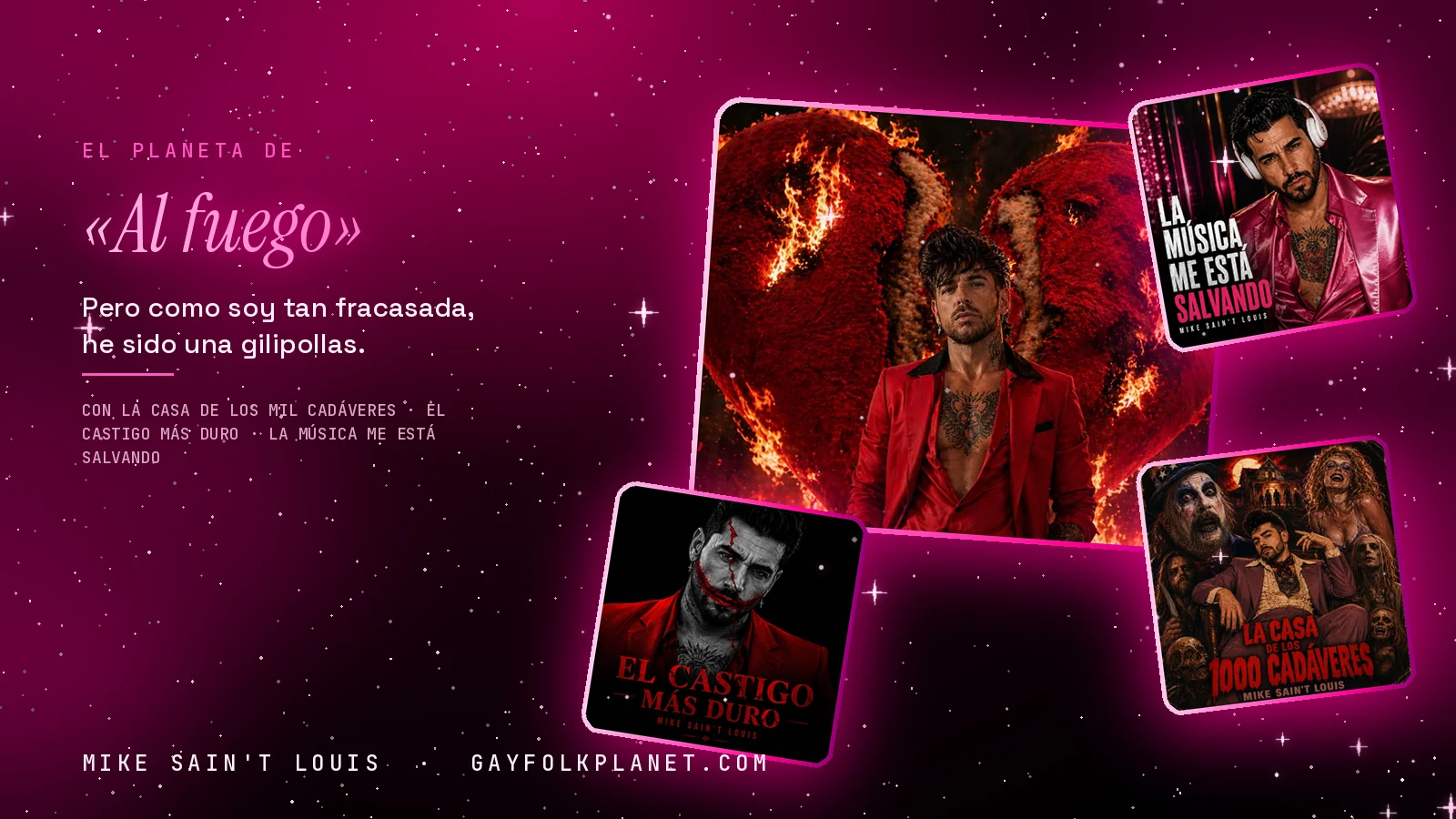 Collage con un detalle de la carátula de «Al fuego» y las carátulas de «La casa de los mil cadáveres», «El castigo más duro», «La música me está salvando»