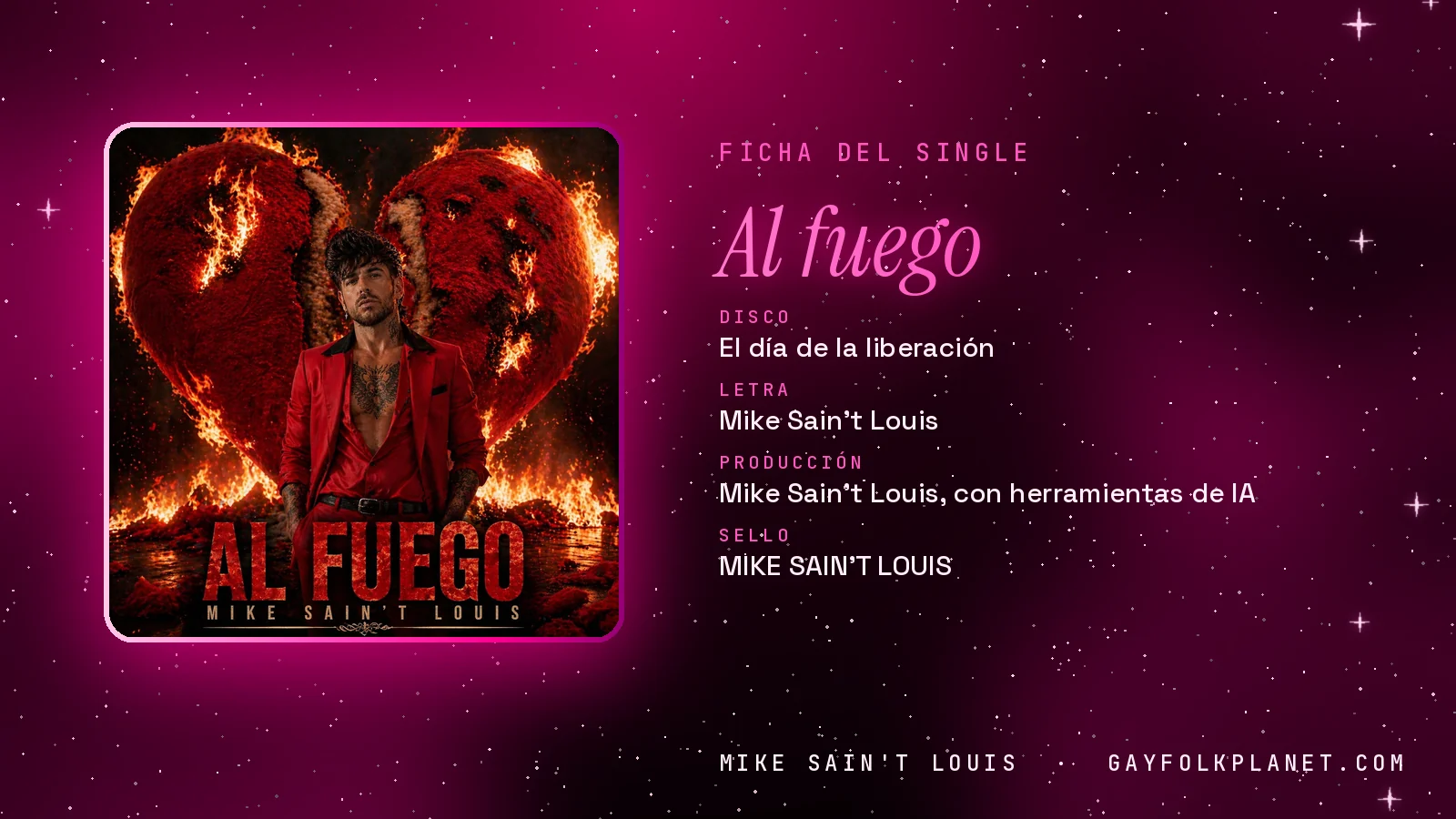 Ficha de la canción «Al fuego» con su carátula: disco «El día de la liberación», letra y producción de Mike Sain't Louis