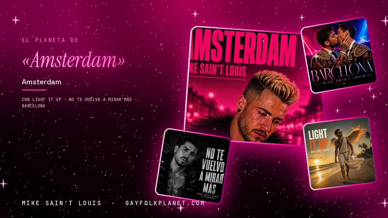 Collage con un detalle de la carátula de «Amsterdam» y las carátulas de «Light It Up», «No te vuelvo a mirar más», «Barcelona»