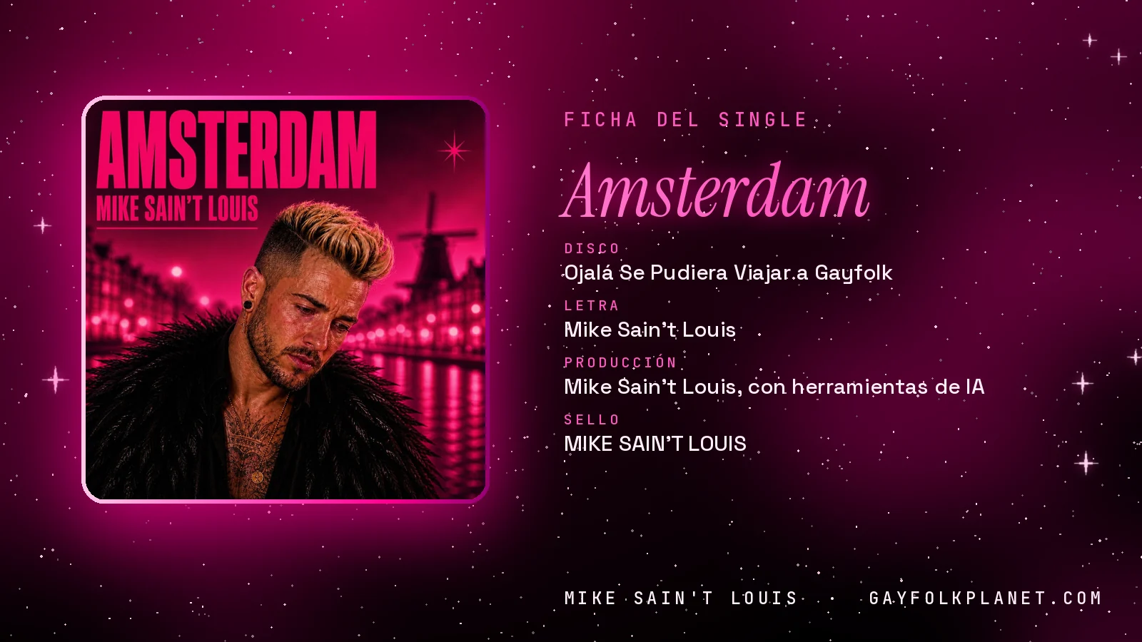 Ficha de la canción «Amsterdam» con su carátula: disco «Ojalá Se Pudiera Viajar a Gayfolk», letra y producción de Mike Sain't Louis
